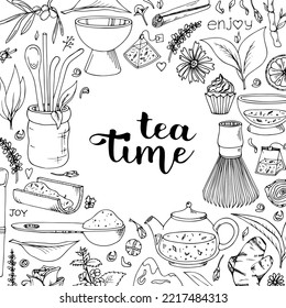 Matcha tea. Vector set of organic tea matcha powder, tea leaves, teapot, macarons, spoon, traditional cup, whisk, tools for Japanese ceremony. Doodle style illustration