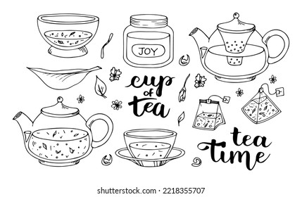 Matcha tea. Vector set of organic tea matcha powder, tea leaves, teapot, macarons, spoon, traditional cup, whisk, tools for Japanese ceremony. Doodle style illustration.