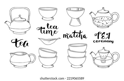 Matcha tea. Vector set of organic tea matcha powder, tea leaves, teapot, macarons, spoon, traditional cup, whisk, tools for Japanese ceremony. Doodle style illustration.