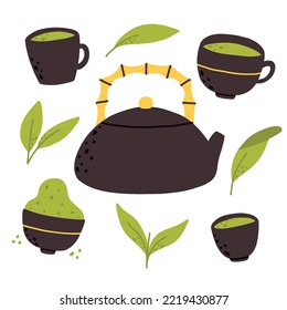Matcha tea. Vector set of organic tea matcha powder, tea leaves, teapot, traditional cup. Green tea ceremony. Healthy drink.