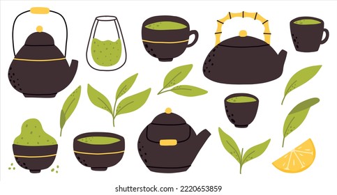 Matcha tea. Vector set of organic tea matcha powder, tea leaves, teapot, traditional cup. green tea ceremony. Healthy drink.