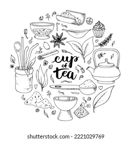 Matcha tea. Vector set of organic tea matcha powder, tea leaves, teapot, macarons, spoon, traditional cup, whisk, tools for Japanese ceremony. Doodle style illustration