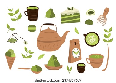 Matcha tea. Vector set of organic tea matcha powder, tea leaves, teapot, macarons, spoon, traditional cup, whisk, tools for Japanese ceremony. Matcha green tea ceremony. Doodle style.