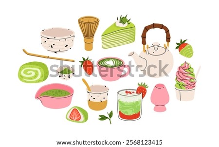 Matcha tea. Vector set of organic tea matcha powder, tea leaves, teapot, matcha latte, macarons, spoon, traditional cup, whisk, tools for Japanese ceremony. Matcha green tea ceremony. Healthy drink