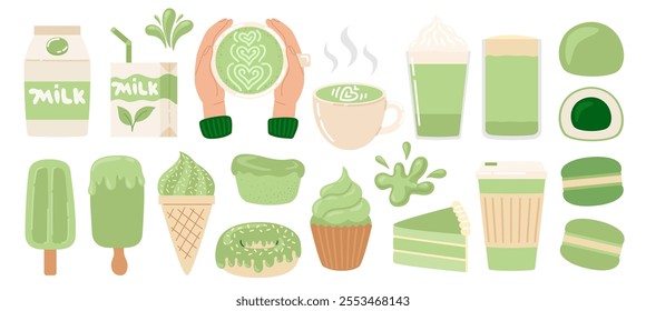 Matcha tea. Vegan organic drinks and desserts, plant based milk, green beverage, macarons, cake, maffin, mochi, donut, ice cream. Matcha green tea ceremony. Flat Vector illustration isolated