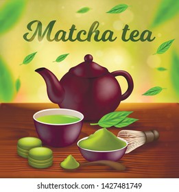 Matcha Tea Vertical Banner, Clay Pot, Cup with Green Liquid, Spoon and Bowl with Dried Crushed Leaves and Sweet Macaroons on Wooden Table Background with Typography. 3d Vector Realistic Illustration