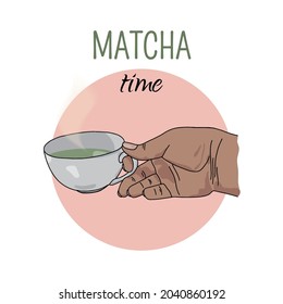 Matcha tea in a white cup held by a hand. Vector illustration of a hot drink with steam on the background of a pink circle in a cartoon style. Matchа time.