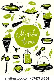 Matcha time. Vector doodle illustration with matcha products. Japanese tea ceremony. Template, poster, banner