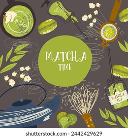 Matcha time. Vector doodle illustration with matcha products. Japanese tea ceremony. Template, background on dark background.