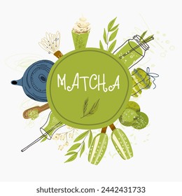 Matcha time. Vector doodle illustration of matcha tea products. Japanese tea ceremony, background, backdrop, frame.