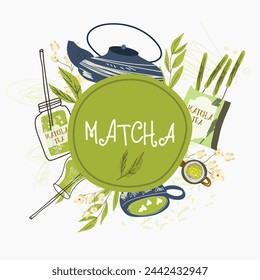 Hora del partido. Ilustración vectorial de doodle de productos de té matcha. Ceremonia del té japonés, fondo, fondo, marco.