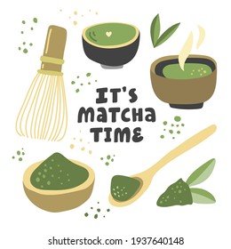 It is matcha time. Vector hand drawn matcha illustration on contrast background. Cake, macaroons, spoon, bamboo whisk, heart, matcha tea