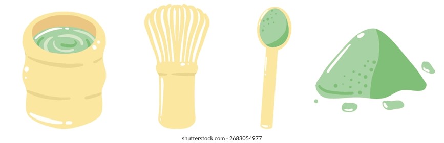 Matcha Herramientas Clipart Set, batidor de bambú Scoop en polvo y taza de té Ilustración, Ceremonia de té japonés Elementos