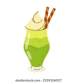 Matcha vanilla ice cream cocktail topped with wafer rolls. Summer drink. Green tea. Mint cocktail. For sticker, poster, menu.