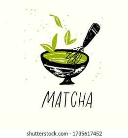 Matcha. Vector doodle illustration of matcha tea bowl.