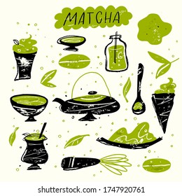 Matcha. Ilustración vectorial del doodle de productos de té matcha. Ceremonia japonesa del té