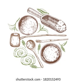 Matcha vector illustration with food and drink sketch. Round compositions. Japaneese ethnic and national tea ceremony. Traditions of teatime. Decorative elements for your design.
