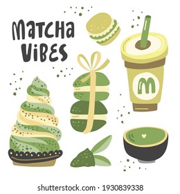 Matcha vibes. Vector hand drawn matcha lettering illustration on contrast background. Cake, macaroons, spoon, bamboo whisk, heart, matcha tea
