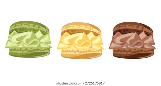 Matcha, caramelo e macarrão de chocolate isolado em fundo branco.