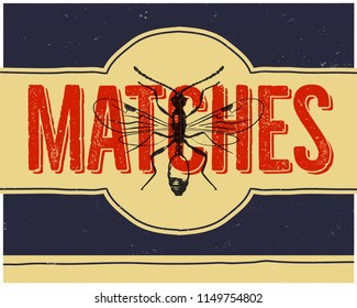 Matchbox design and matches with insect in retro style. Top view. Vintage habd drawn illustration. Stock vector.