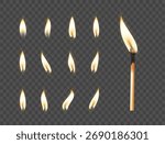 Matchbox, empty package for match sticks in top and perspective view. Realistic mockup of 3d blank box. Stages of burning the match. Symbol of ignition burning. Vector