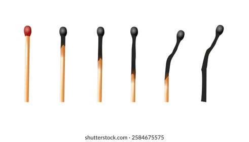 Matchbox, empty package for match sticks in top and perspective view. Realistic mockup of 3d blank box. Stages of burning the match. Symbol of ignition burning. Vector