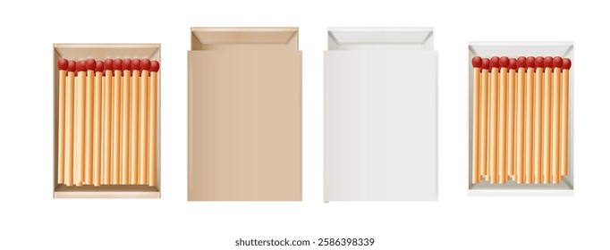 Matchbox, empty package for match sticks in top and perspective view. Realistic mockup of 3d blank box. Stages of burning the match. Symbol of ignition burning. Vector