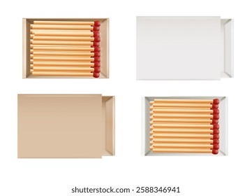 Matchbox, empty package for match sticks in top and perspective view. Realistic mockup of 3d blank box. Stages of burning the match. Symbol of ignition burning. Vector