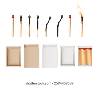 Matchbox, empty package for match sticks in top and perspective view. Realistic mockup of 3d blank box. Stages of burning the match. Symbol of ignition burning. Vector