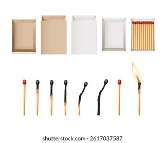Matchbox, empty package for match sticks in top and perspective view. Realistic mockup of 3d blank box. Stages of burning the match. Symbol of ignition burning. Vector