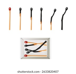 Matchbox, empty package for match sticks in top and perspective view. Realistic mockup of 3d blank box. Stages of burning the match. Symbol of ignition burning. Vector