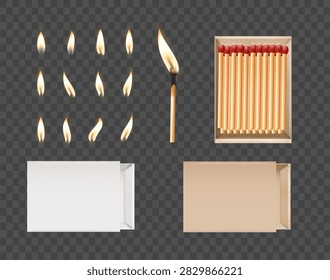 Matchbox, empty package for match sticks in top and perspective view. Realistic mockup of 3d blank box. Stages of burning the match. Symbol of ignition burning. Vector illustration