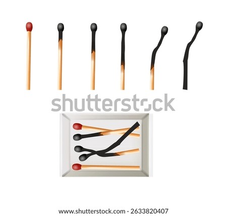 Matchbox, empty package for match sticks in top and perspective view. Realistic mockup of 3d blank box. Stages of burning the match. Symbol of ignition burning. Vector