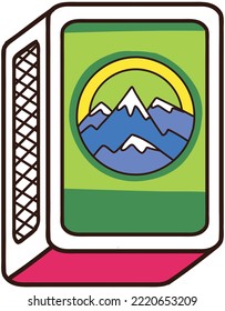 Matchbox graphic in Isometric Illustration style. Red and Green match box with Mountain Design.