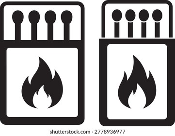 Matchbox icons with flame symbol. Fire starter, ignition, and hazard vector objects.