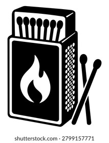 Matchbox with matches black silhouette icon isolated on white background. Minimal bold vector-style illustration of an open match box with matchsticks, striker panel, and flame symbol for camping, fire safety, household, sticker, decal, logo, label, and cutting file design.