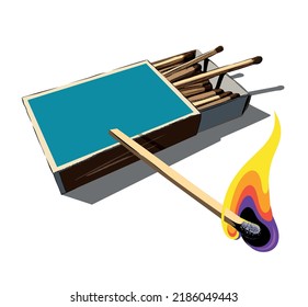 Matchbox and matches, isometric view isolated on white background, matchbox vector illustration.