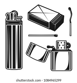 Matchbox, matches and lighters set of vector objects or design elements in vintage monochrome style isolated on white background