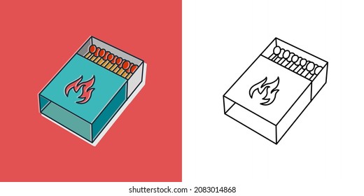 Matchbox and matches or Lucifer match. Camping logo. Travel and trips symbol. Hiking element for print. Sticker, doodle pin, patch.