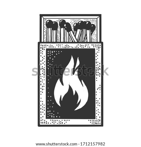 Matchbox with matches sketch engraving vector illustration. T-shirt apparel print design. Scratch board imitation. Black and white hand drawn image.