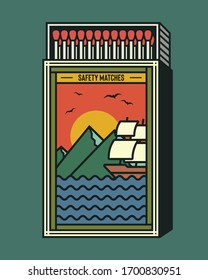 Matchbox And Matches Vector Illustration. Vintage And Cool Matchbox Packaging Design