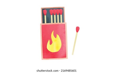 Matchbox and matches watercolor style vector illustration isolated on white background. Matchbox clipart. Simple matchbox and matchstick hand drawn cartoon style. Unlit matches