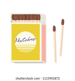 Matchbox and pair of wooden matches lying beside it isolated on white background. Household flammable tool for lighting fire in cardboard box. Colorful vector illustration in flat cartoon style.
