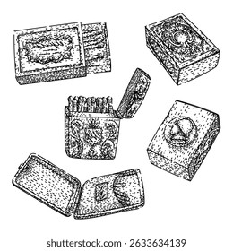 matchbox set hand drawn. crystal champagne, flute tumbler, stemware bordeaux matchbox vector sketch. isolated black illustration