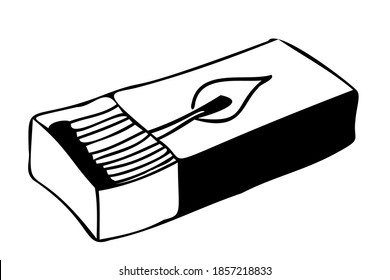 A matchbox, slightly open, inside a match. Freehand outline drawing, vector.