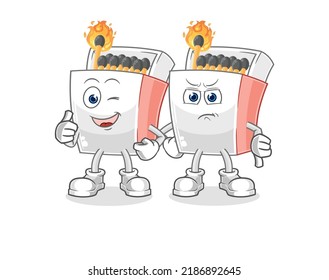 the matchbox thumbs up and thumbs down. cartoon mascot vector