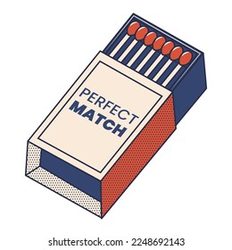 Matchbox in trendy retro style. Dot texture. 70s, 80s, 90s style. Red and blue colors.