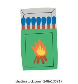 Matchbox of wooden matches isolated on white background. Household flammable tool for lighting fire in cardboard box. Colorful vector illustration in flat cartoon style for candles , camping or travel