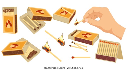 Cajas de fósforos y juego de fósforos. Fósforos quemados y un fósforo entero. Mano que sostiene el palillo de cerilla de madera ardiente. Estilo de diseño plano. Seguridad contra incendios. Concepto de iluminación.  Ilustración vectorial aislada en un blanco
