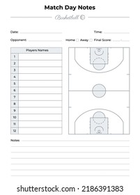 Matchday notes log with basketball field diagram